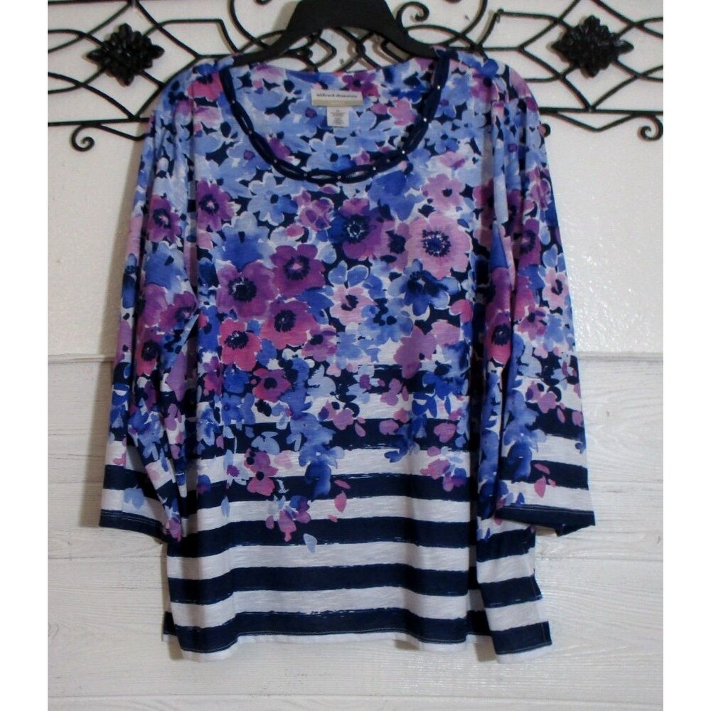 Alfred Dunner Knit Top Women's Size 1X Blue Floral Long Sleeve Round Neck